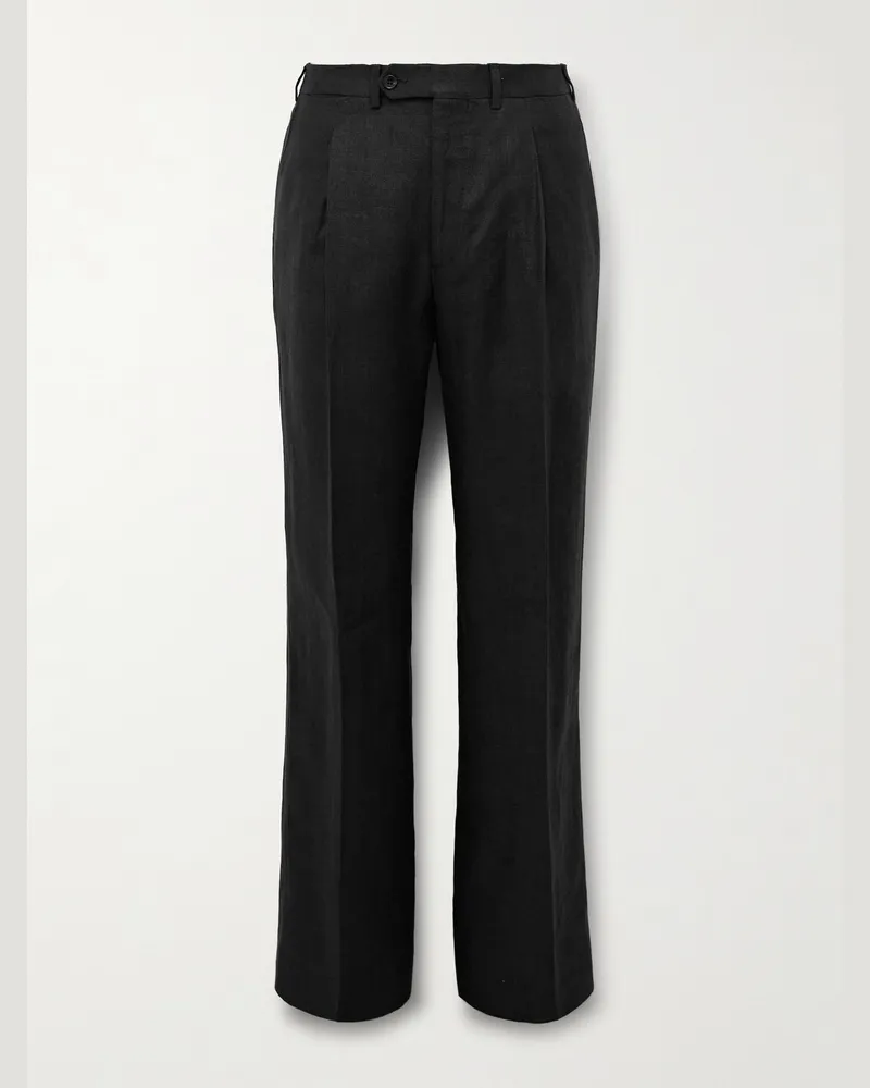 SAMAN AMEL Straight-Leg Pleated Linen Suit Trousers Black