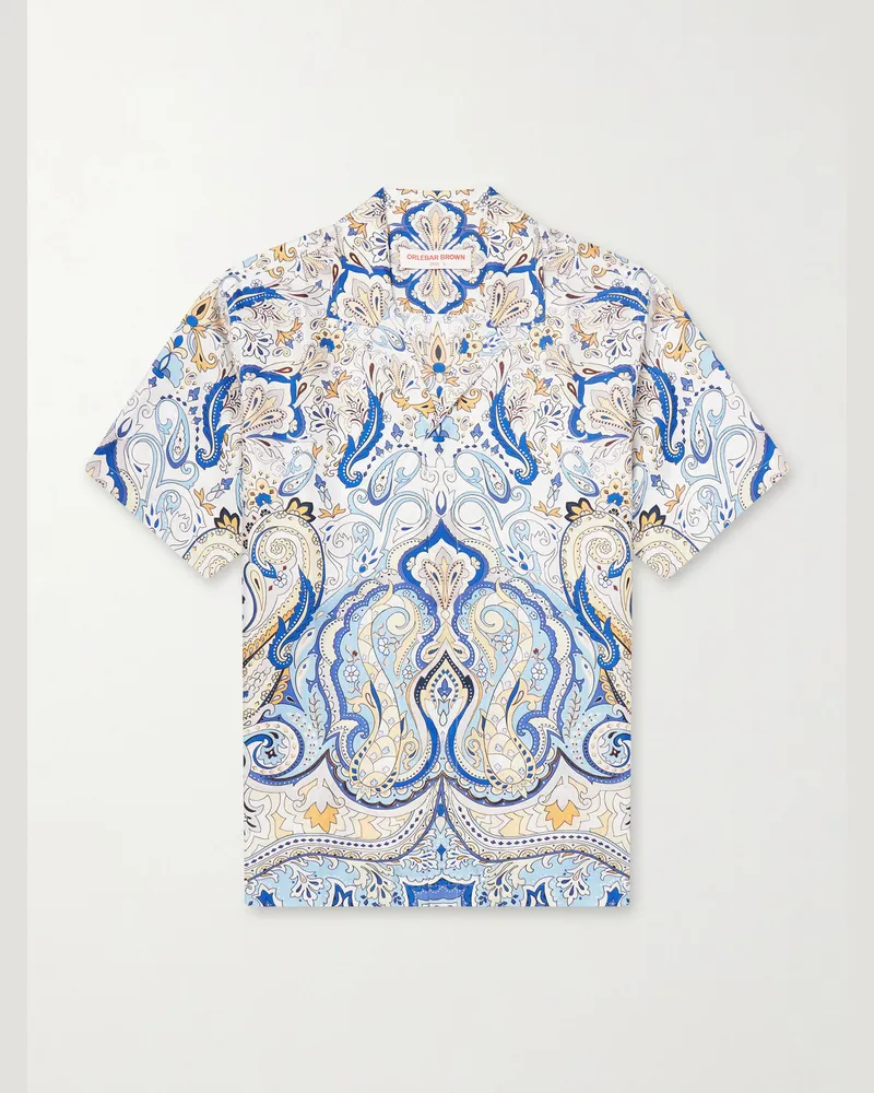 Orlebar Brown Maitan Camp-Collar Printed Silk-Satin Shirt Blue