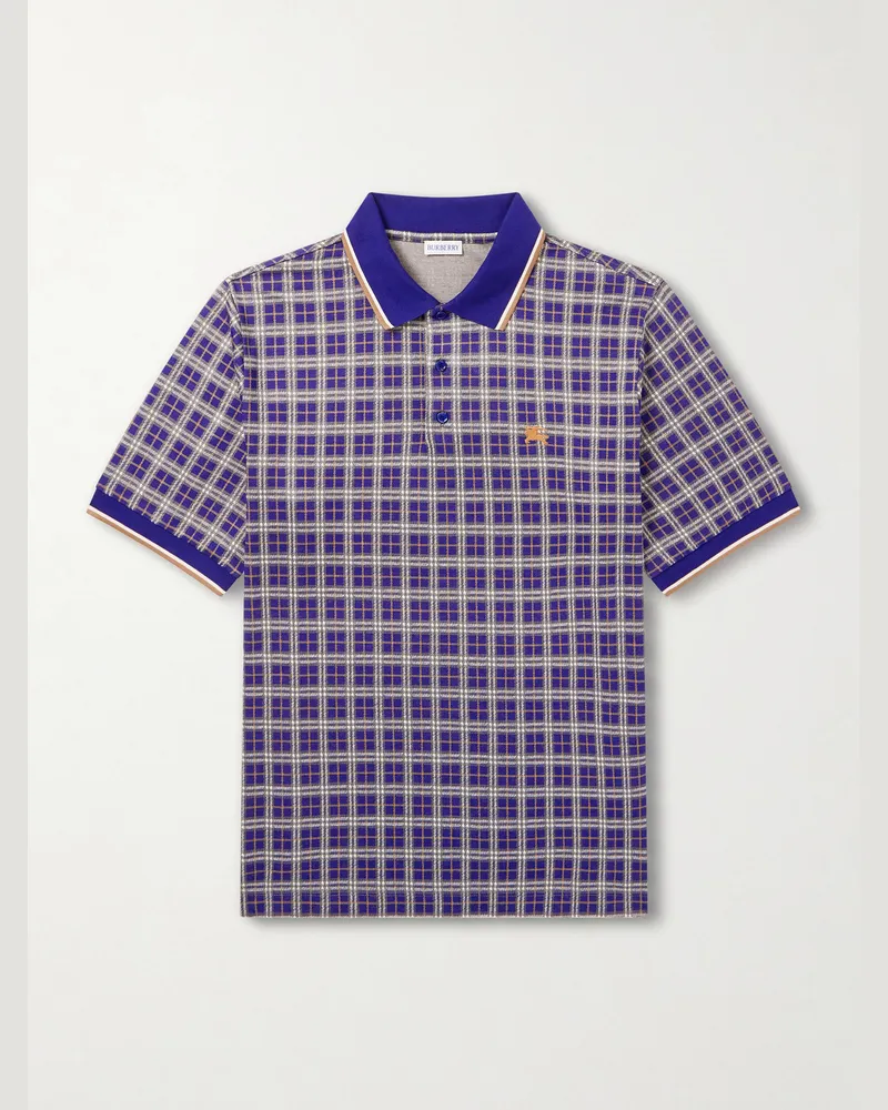 Burberry Logo-Embroidered Checked Jacquard Polo Shirt Blue
