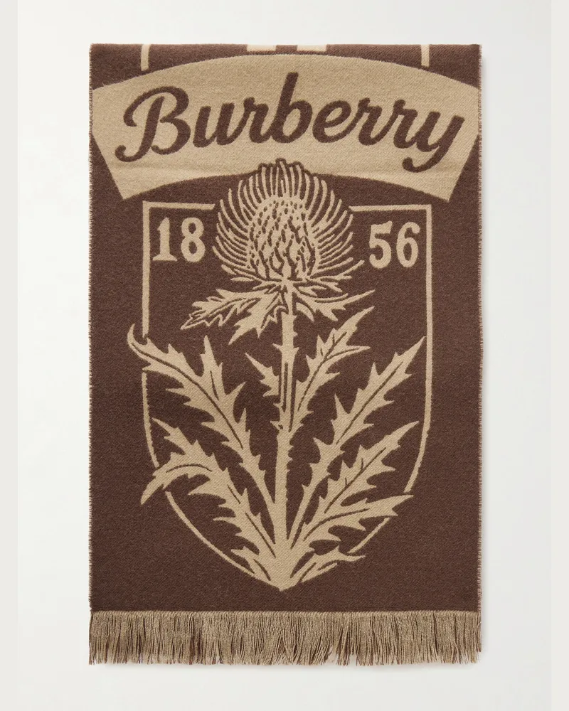 Burberry Logo-Jacquard Fringed Wool Scarf Brown