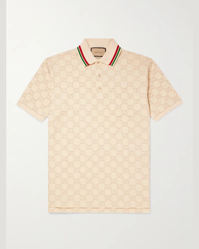 Gucci Logo-Embroidered Cotton-Piqué Polo Shirt Neutrals
