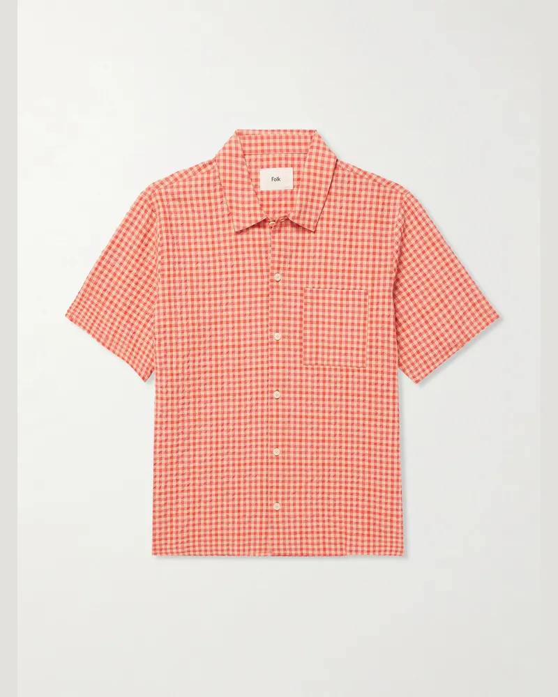 Folk Gabe Cotton-Blend Seersucker Shirt Red