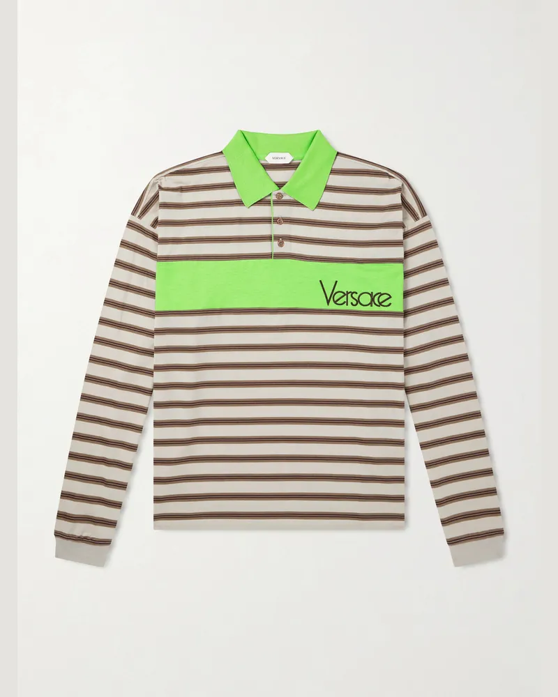 Versace Polo Striped Cotton Jersey Polo Shirt Neutrals