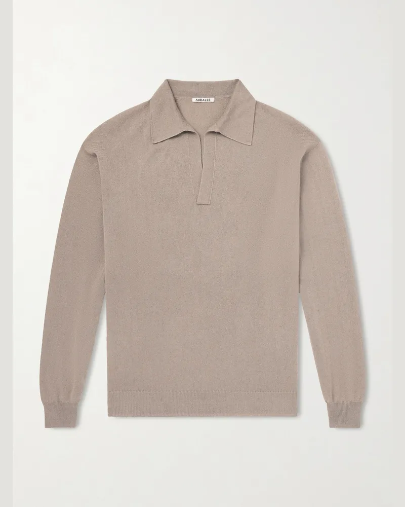AURALEE Open-Collar Cashmere and Silk-Blend Polo Shirt Brown