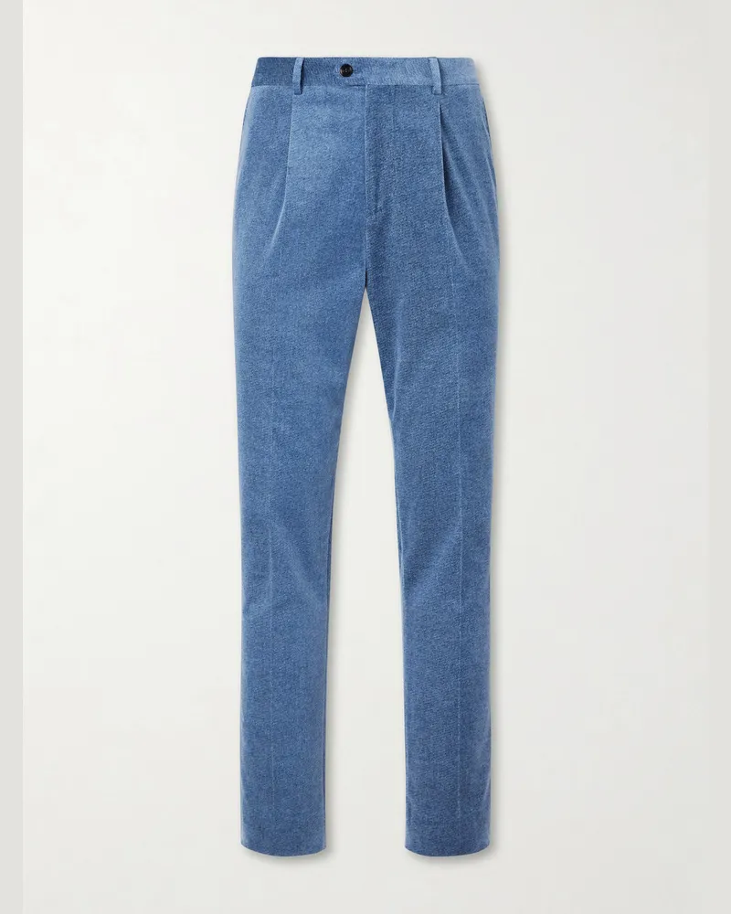 Brunello Cucinelli Straight-Leg Pleated Cotton-Velvet Suit Trousers Blue