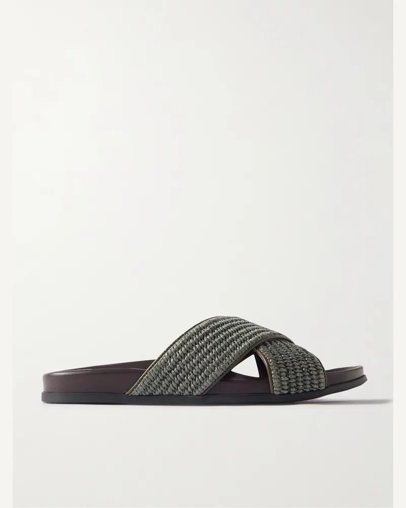 Manolo Blahnik Chiltern Leather-Trimmed Raffia Sandals Green