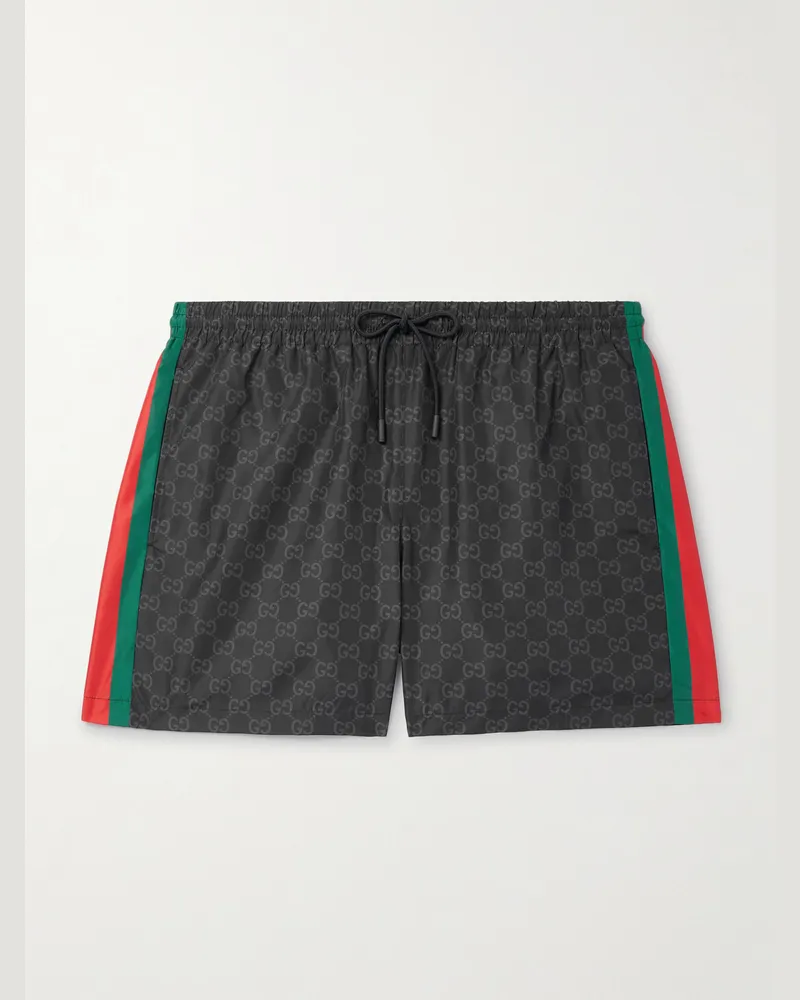 Gucci Straight-Leg Mid-Length Logo-Print Striped Swim Shorts Black