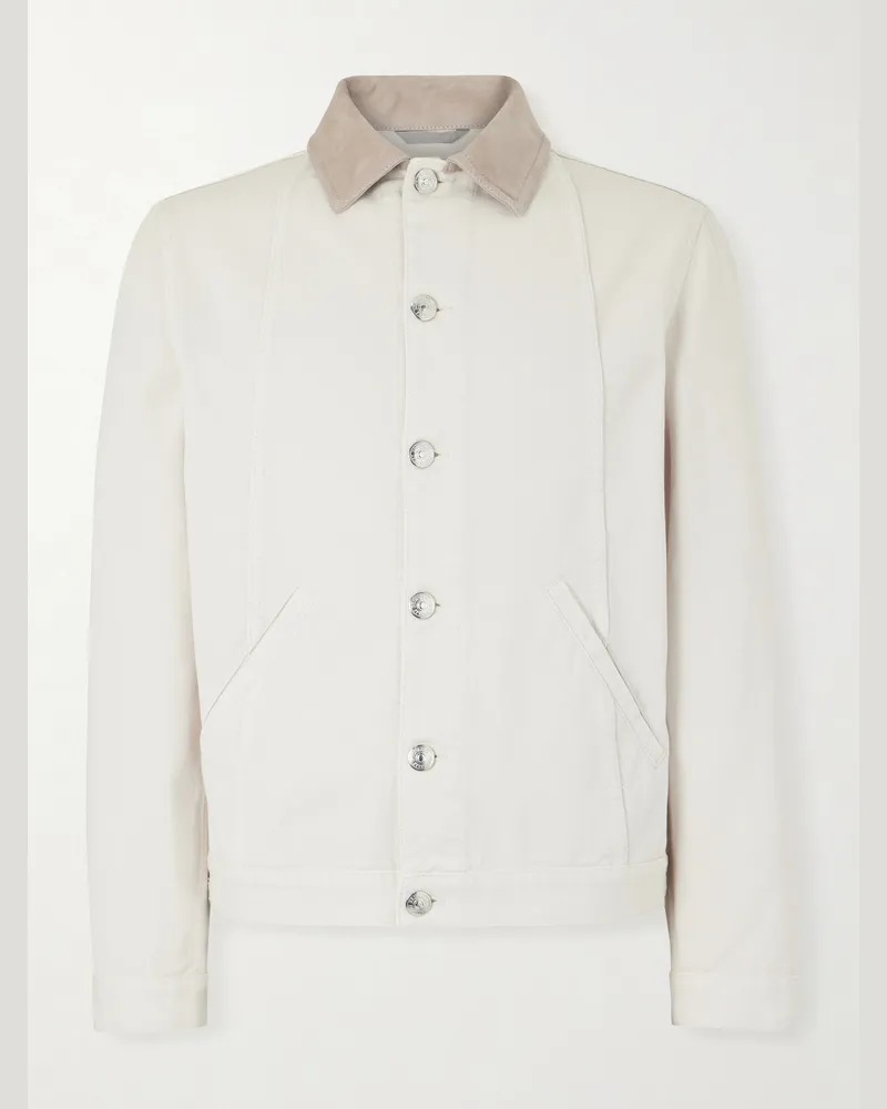 Brunello Cucinelli Leather-Trimmed Denim Jacket Neutrals