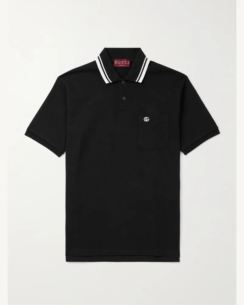 Gucci Logo-Embroidered Stretch-Cotton Piqué Polo Shirt Black