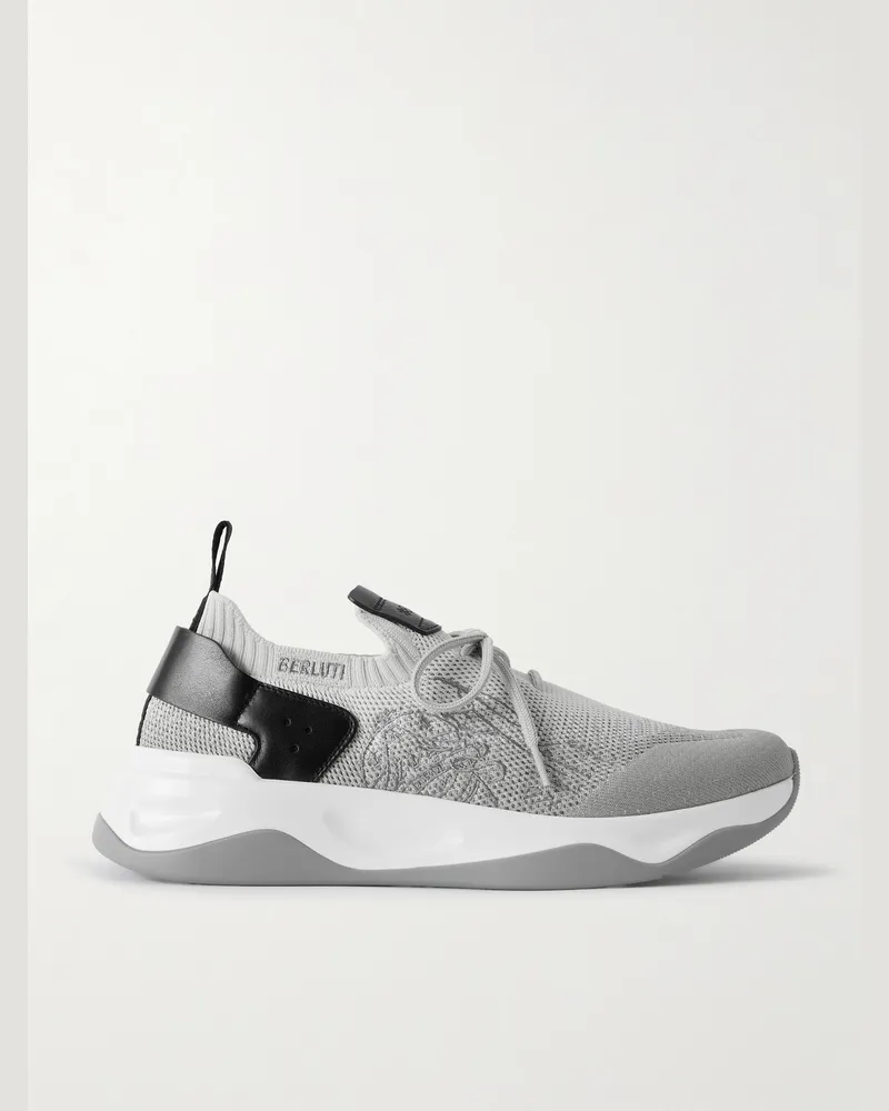 Berluti Shadow Sneakers aus Stretch-Strick mit Lederbesatz Grau