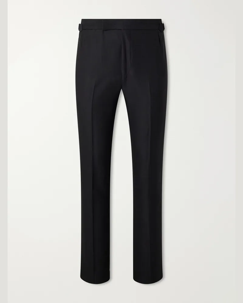 Thom Sweeney Straight-Leg Satin-Trimmed Wool-Fresco Suit Trousers Black