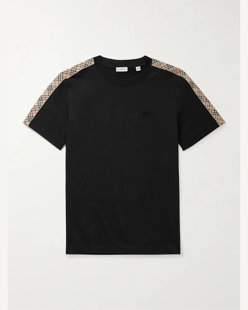 Burberry Logo-Embroidered Checked Jacquard-Trimmed Cotton-Jersey T-Shirt Black