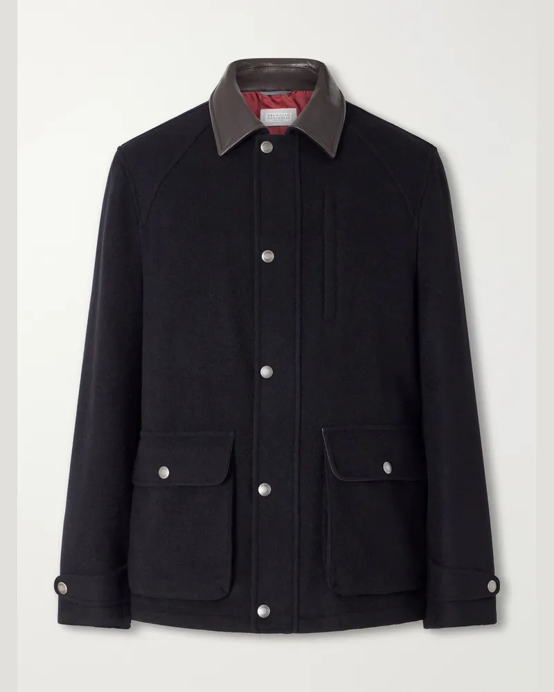 Brunello Cucinelli Leather-Trimmed Cashmere-Felt Jacket Black
