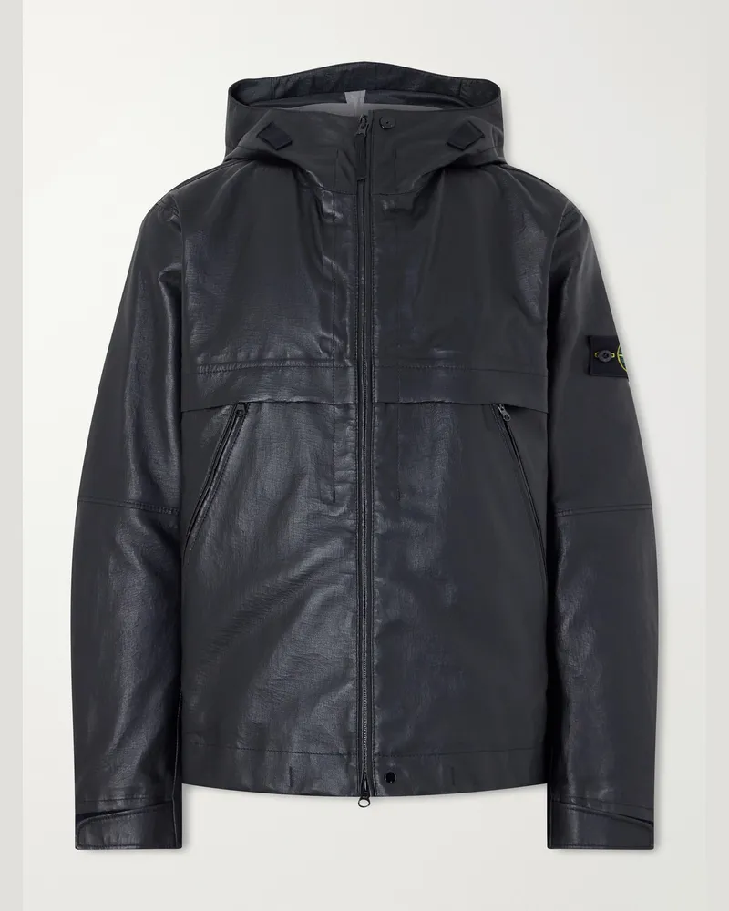 Stone Island Hooded Logo-Appliquéd Leather-Organza Jacket Black
