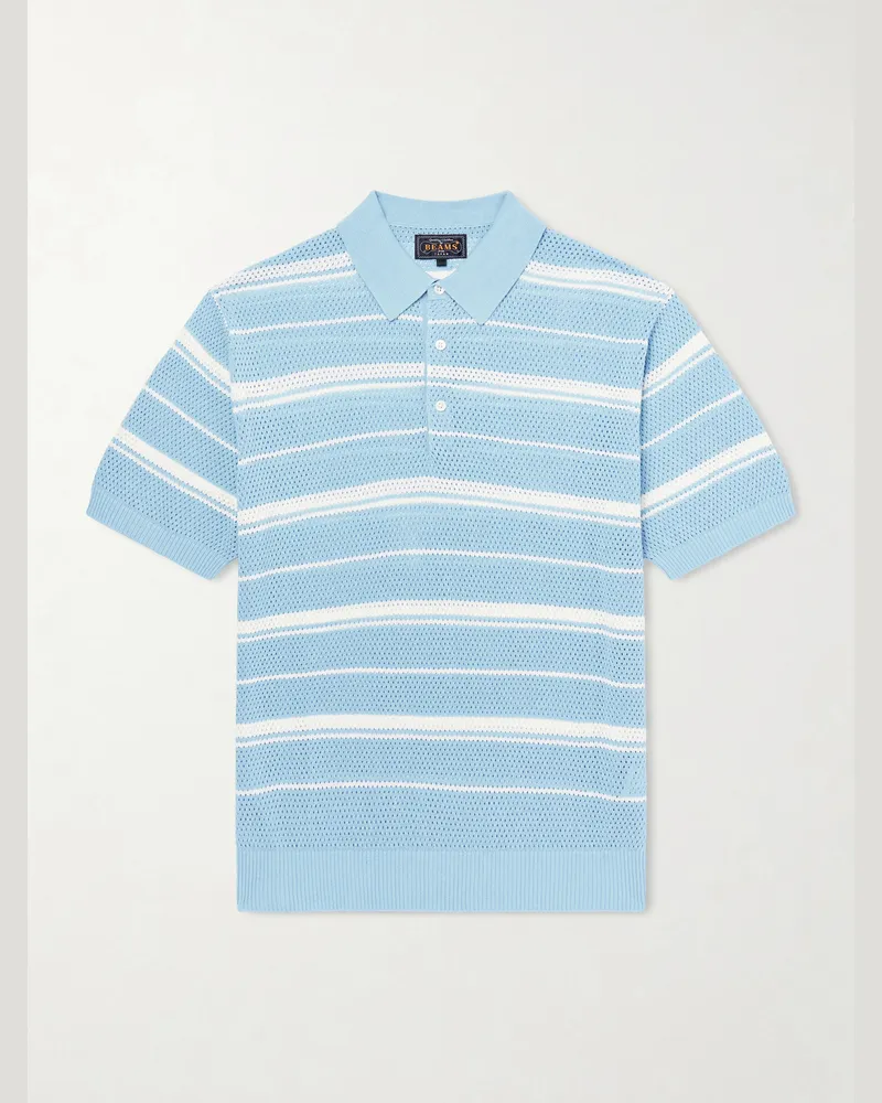Beams Plus Striped Knitted Cotton Polo Shirt Blue