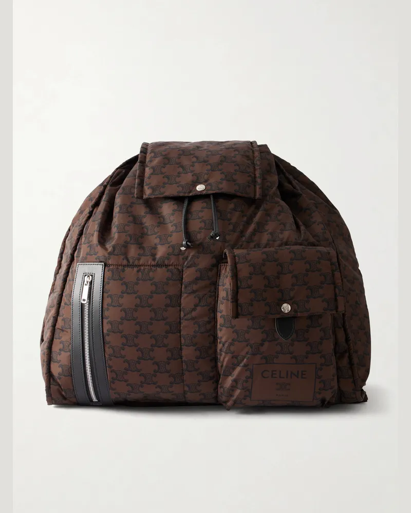 Celine Leather-Trimmed Logo-Print Shell Backpack Brown