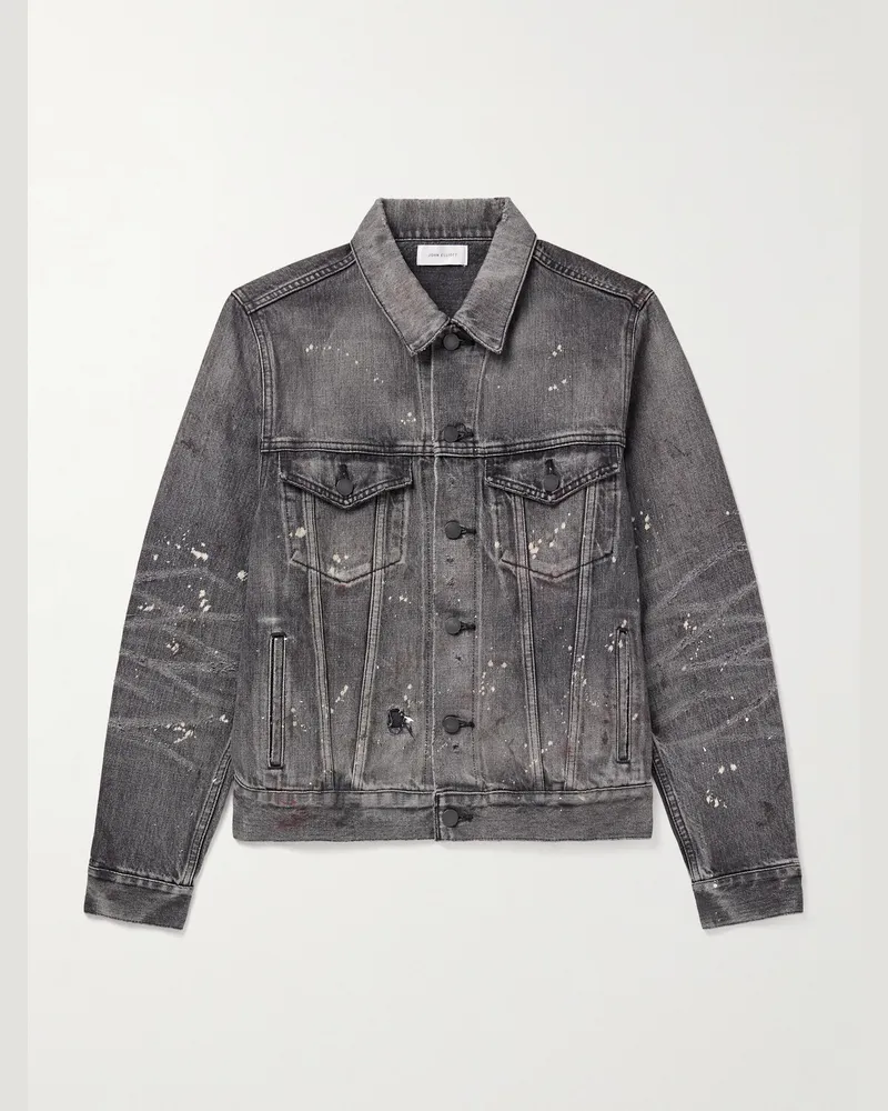 John Elliott + Co Thumper Type III Jeansjacke aus Selvedge Denim in Distressed-Optik mit Farbspritzern Grau