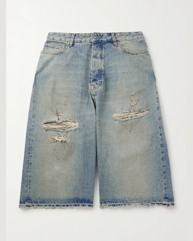 FourTwoFour on Fairfax Gerade geschnittene Jeansshorts in Distressed-Optik Blau