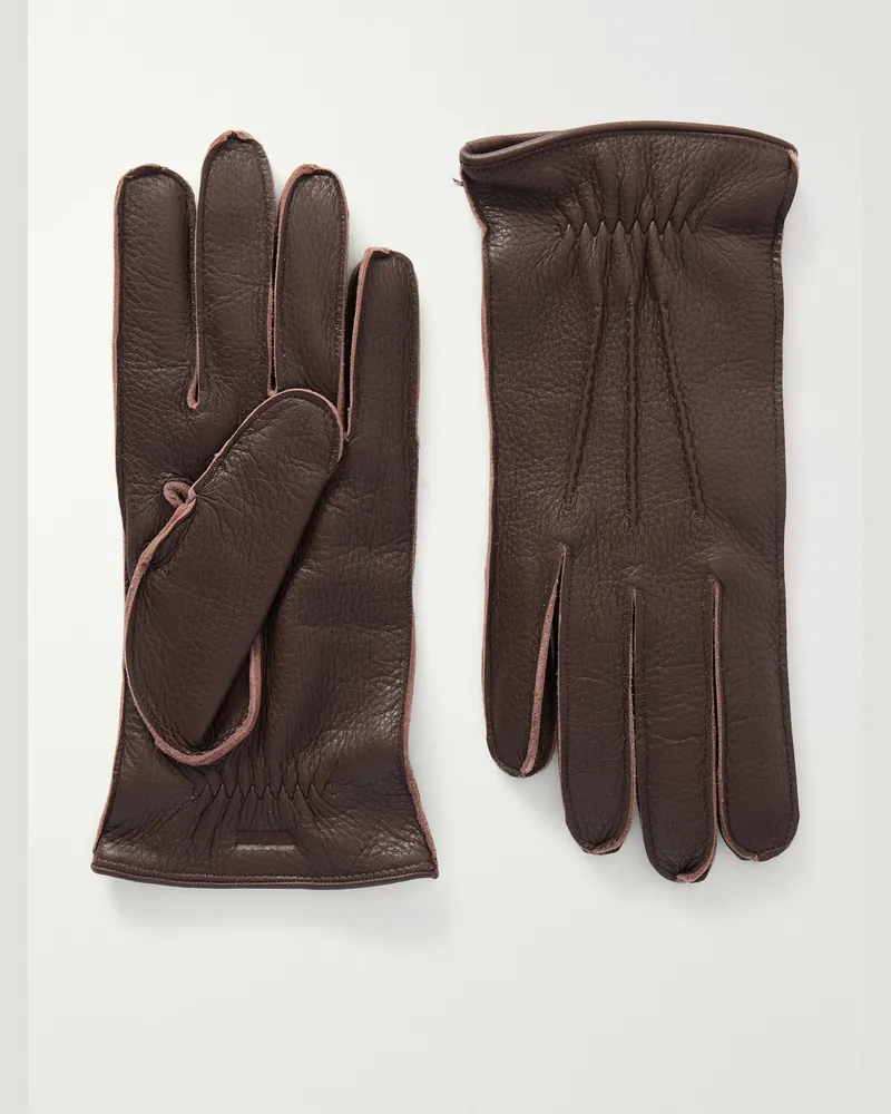 Ermenegildo Zegna Logo-Embossed Full-Grain Leather Gloves Brown