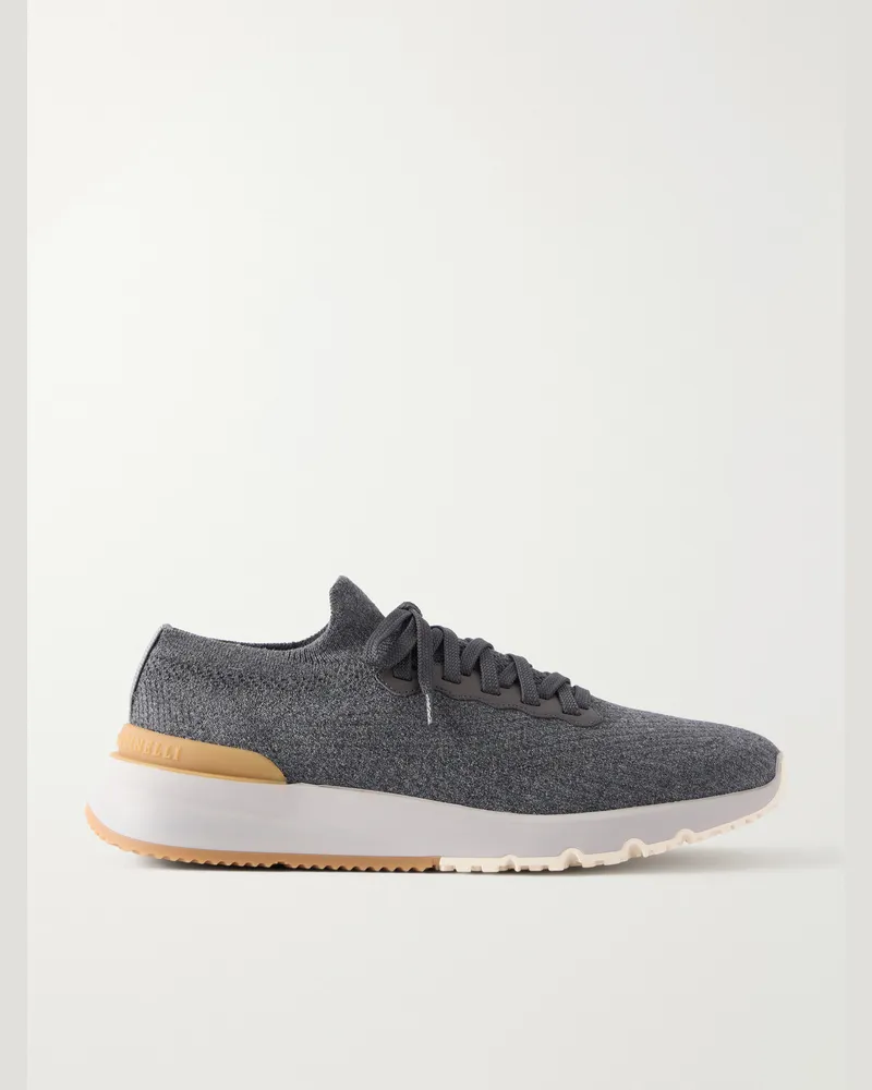 Brunello Cucinelli Leather-Trimmed Stretch-Knit Sneakers Gray