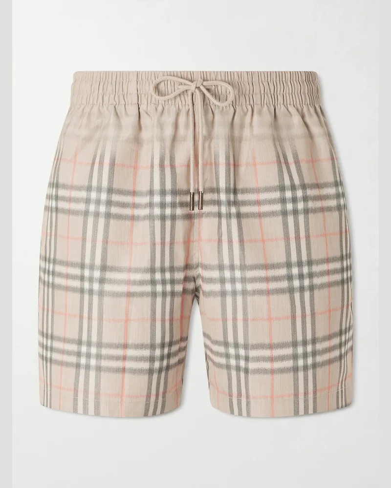 Burberry Straight-Leg Mid-Length Checked Swim Shorts Neutrals