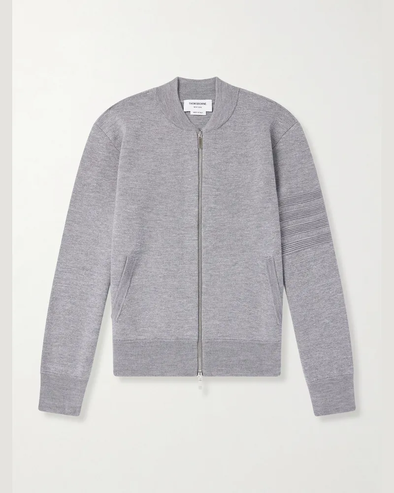 Thom Browne Striped Wool, Linen and Cotton-Blend Zip-Up Cardigan Gray
