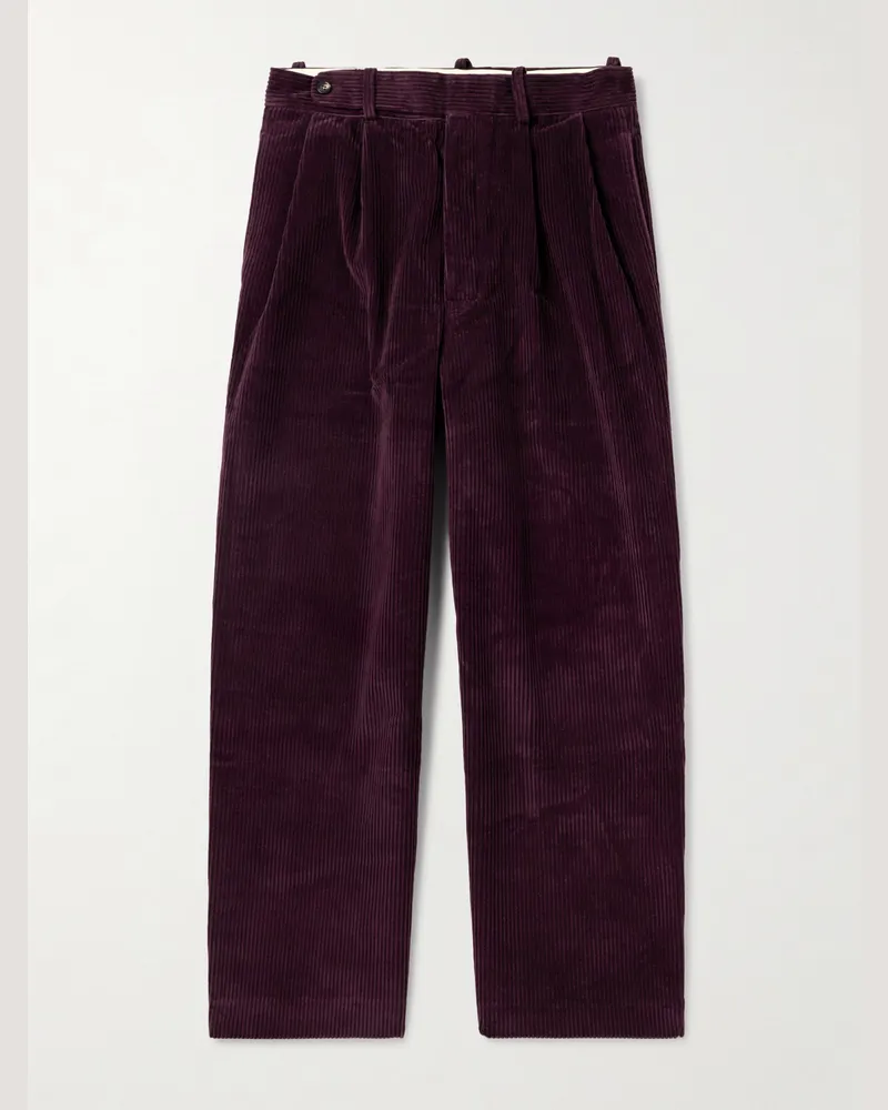BODE Wide-Leg Cropped Pleated Cotton-Corduroy Trousers Purple