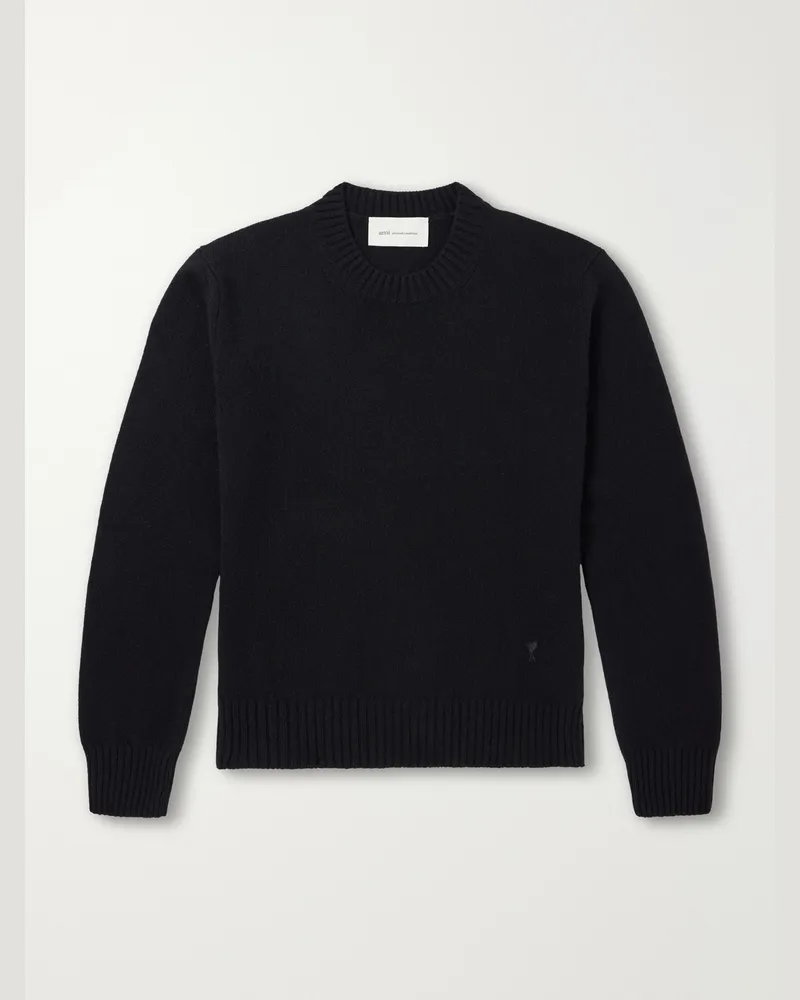 AMI Paris Logo-Embroidered Cashmere and Wool-Blend Sweater Black