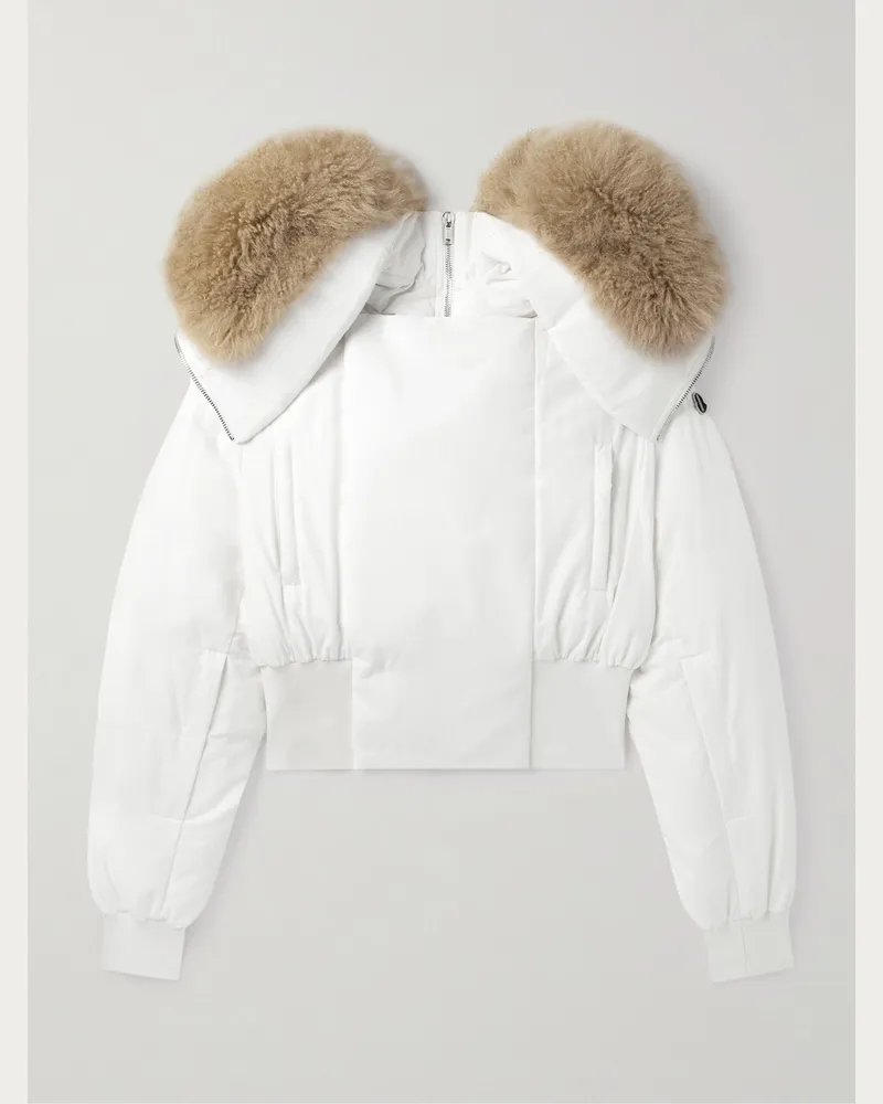 Rick Owens Moncler Alice Daunenjacke aus einer Baumwoll-Nylon-Mischung mit Shearling-Besatz, Kapuze und Logoapplikation Weiß