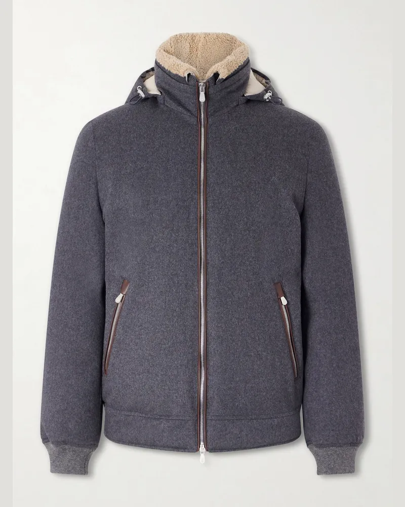 Brunello Cucinelli Shearling-Trimmed Wool Hooded Down Jacket Gray