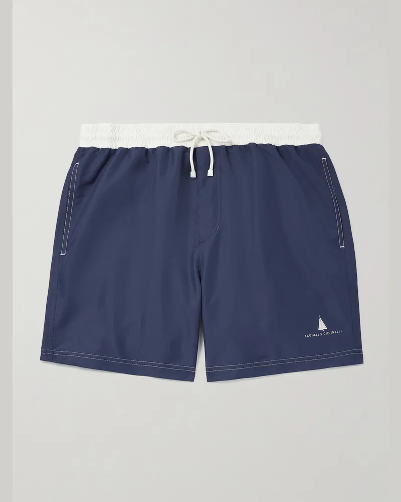 Brunello Cucinelli Gerade geschnittene mittellange Badeshorts mit Logoprint Blau