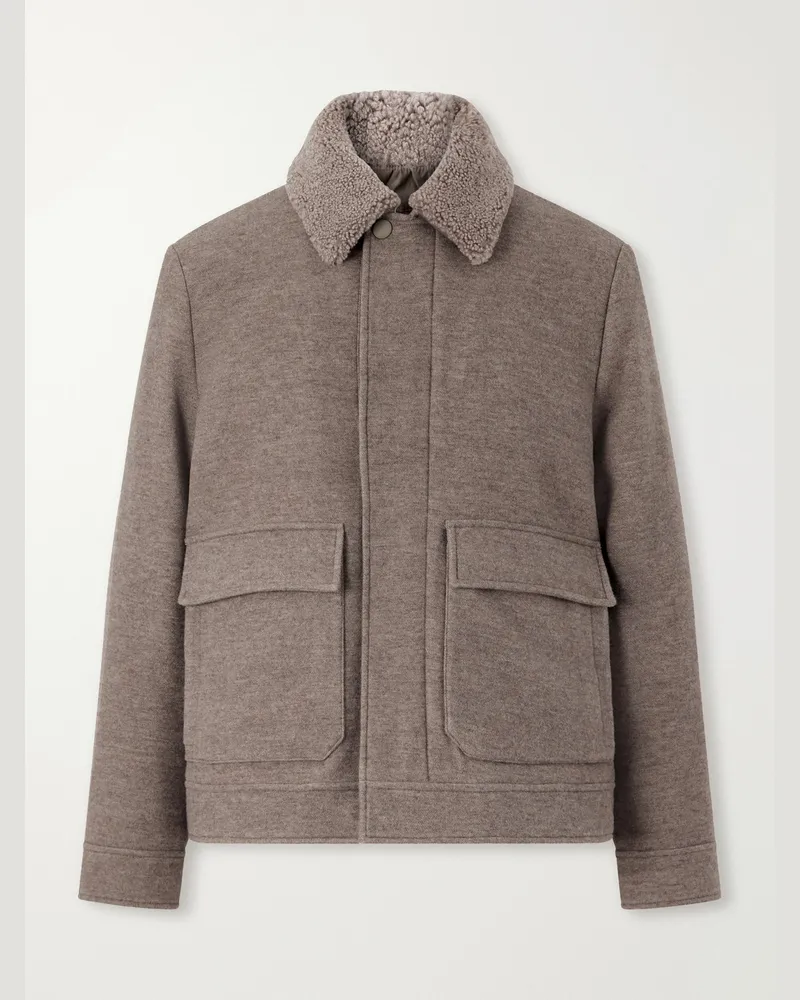 Canali Shearling-Trimmed Wool and Cashmere-Blend Bomber Jacket Neutrals