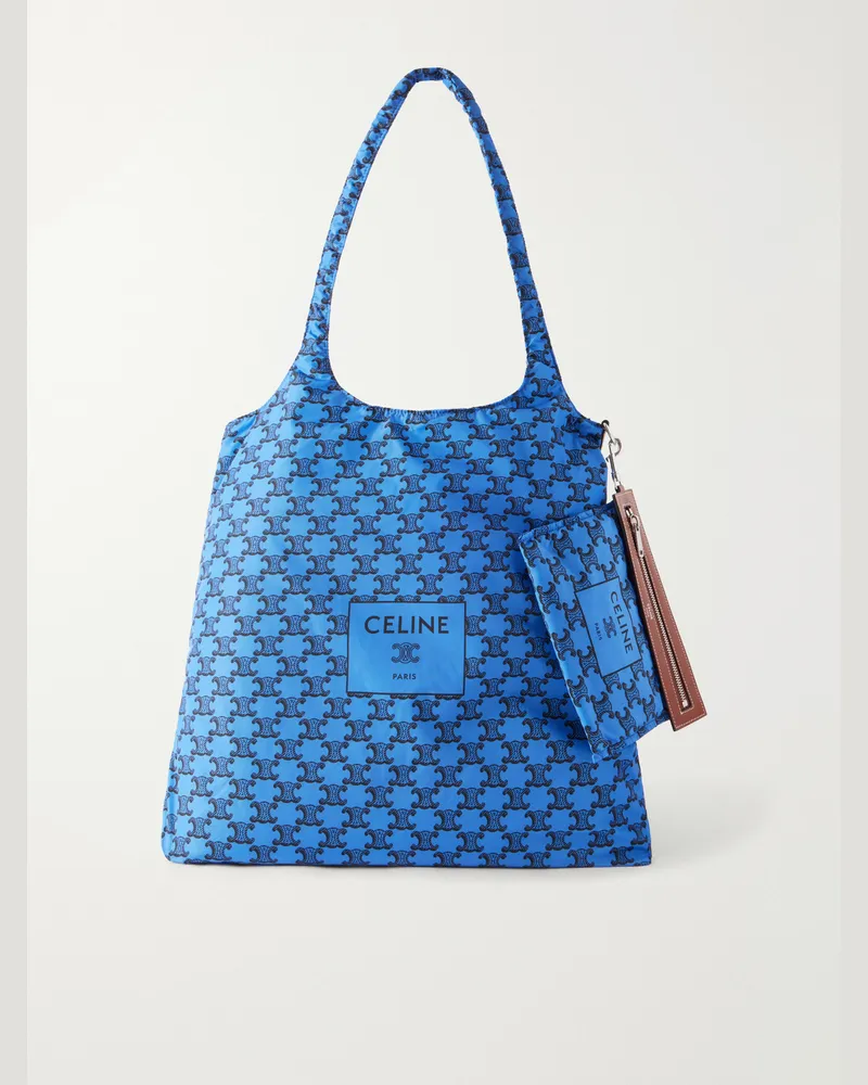 Celine Logo-Print Leather-Trimmed Shell Tote Bag Blue
