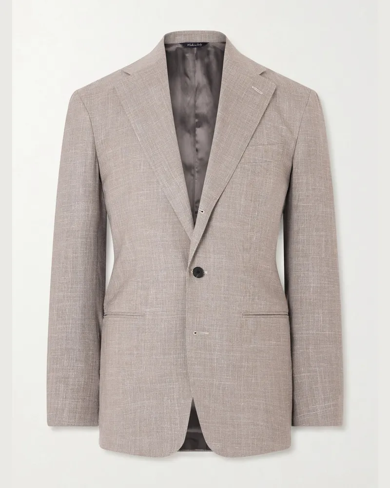 SAMAN AMEL Slim-Fit Basketweave Wool, Silk and Linen-Blend Blazer Gray