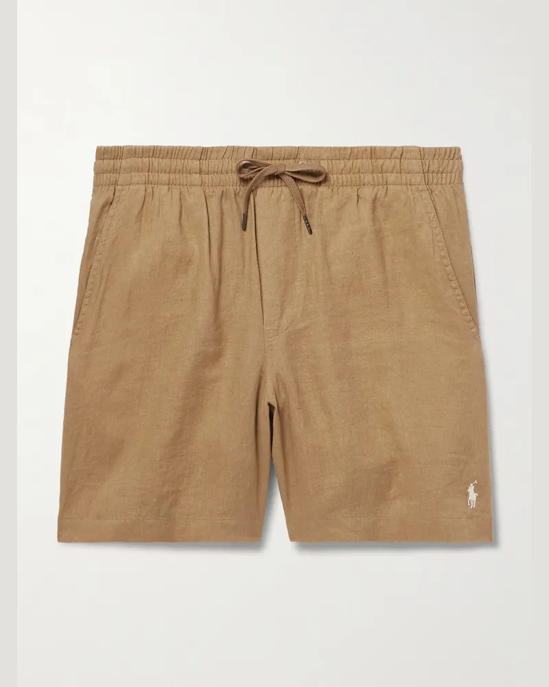 Ralph Lauren Prepster Straight-Leg Logo-Embroidered Linen Drawstring Shorts Neutrals