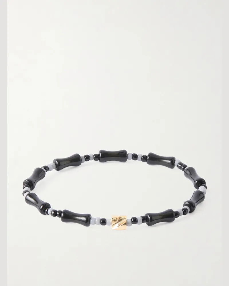 Luis Morais 14-Karat Gold, Agate and Glass Beaded Bracelet Black