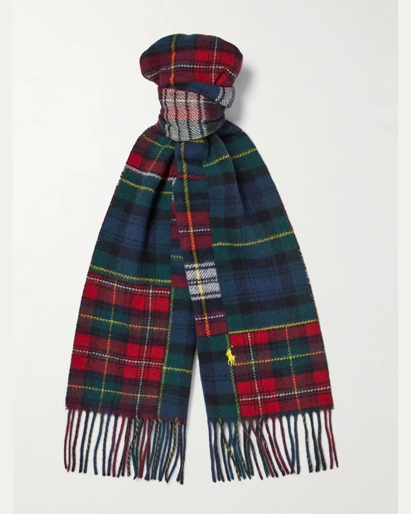 Ralph Lauren Karierter Schal aus einer Wollmischung mit recycelten Fasern, Logostickerei und Fransen in Patchwork-Optik Rot