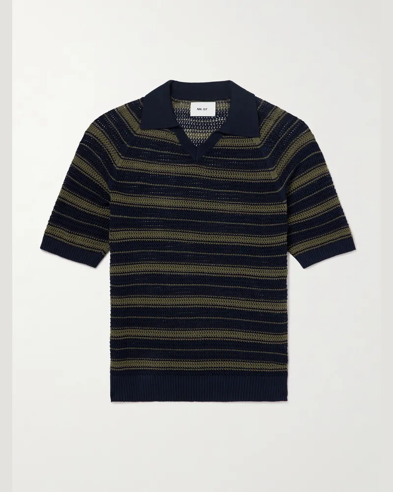 NN 07 Cale 60056 Striped Pointelle-Knit Linen and Cotton-Blend Polo Shirt Black