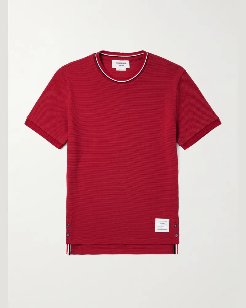 Thom Browne Schmal geschnittenes T-Shirt aus Baumwolle in Waffelstrick mit Streifen und Logoapplikation Rot
