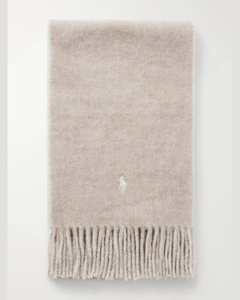 Ralph Lauren Fringed Logo-Embroidered Reversible Recycled Wool and Nylon-Blend Scarf Neutrals