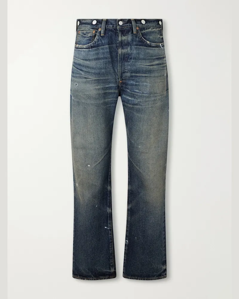 Junya Watanabe Distressed Paint-Splattered Flared Jeans Blue