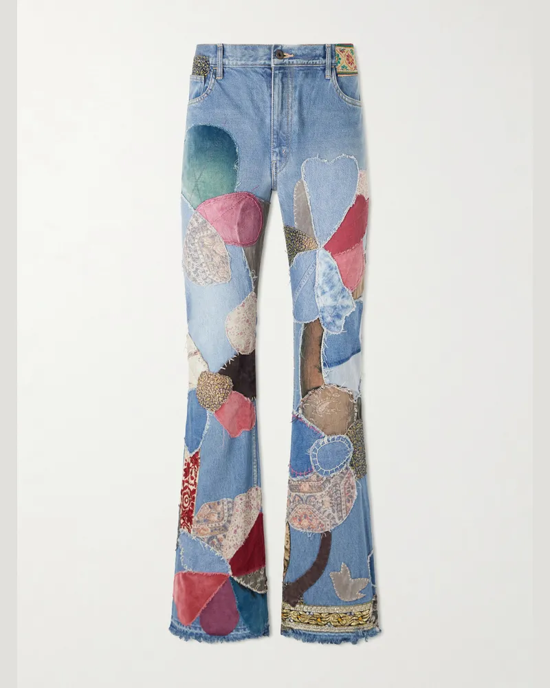 KAPITAL Rat Flared Patchwork Frayed Jeans Blue