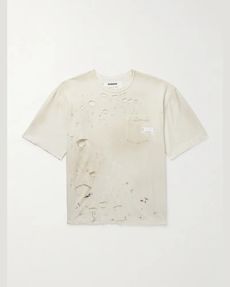 Neighborhood Savage Distressed Paint-Splattered Cotton-Jersey T-Shirt White