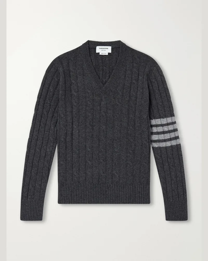 Thom Browne 4-Bar Stripe Cable-Knit Cashmere Sweater Gray