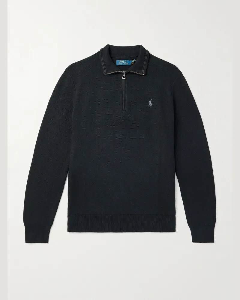 Ralph Lauren Logo-Embroidered Honeycomb-Knit Cotton Half-Zip Sweater Black