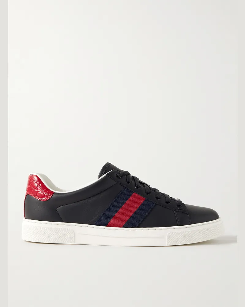 Gucci Ace Webbing-Trimmed Leather Sneakers Black