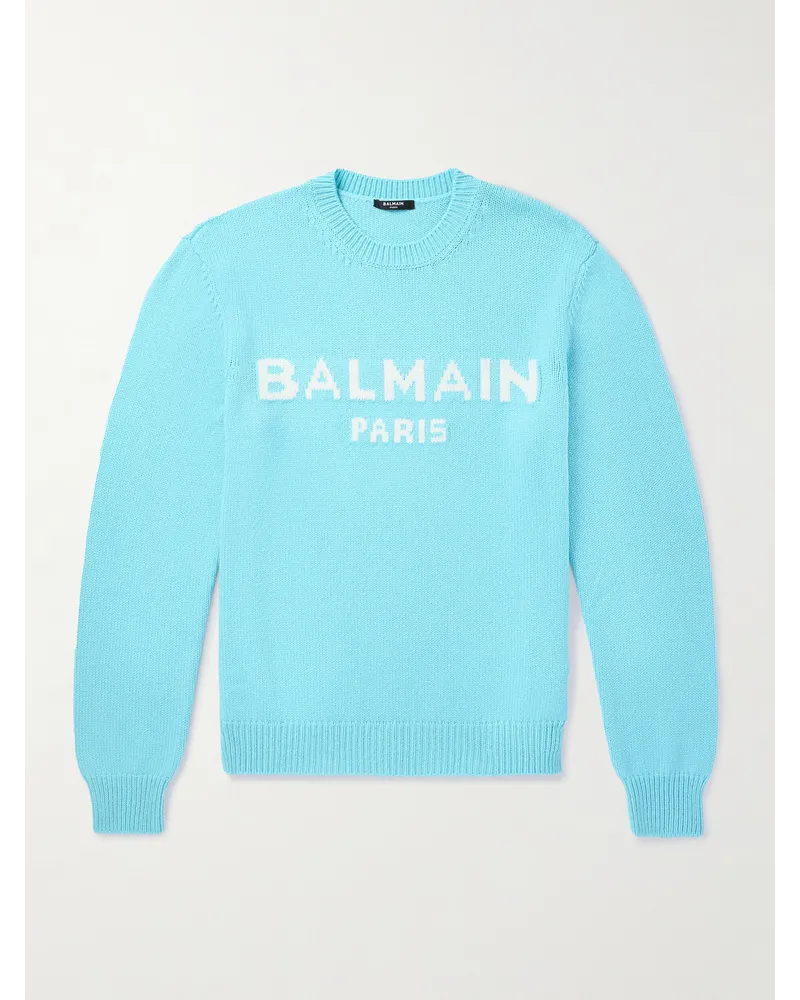 Balmain Pullover aus einer Wollmischung mit Intarsienlogomotiv Blau