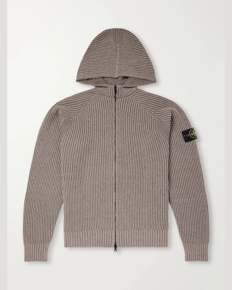 Stone Island Ribbed Cashmere and Wool-Blend Zip-Up Hoodie Brown