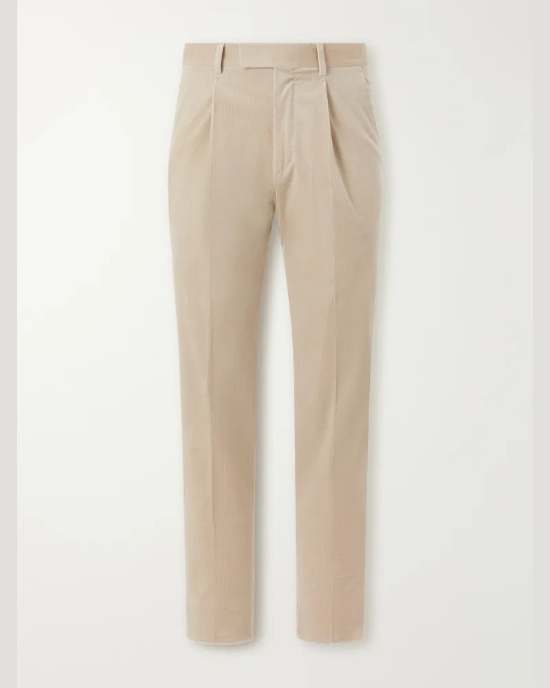 Ermenegildo Zegna Pleated Straight-Leg Cotton-Corduroy Trousers Brown
