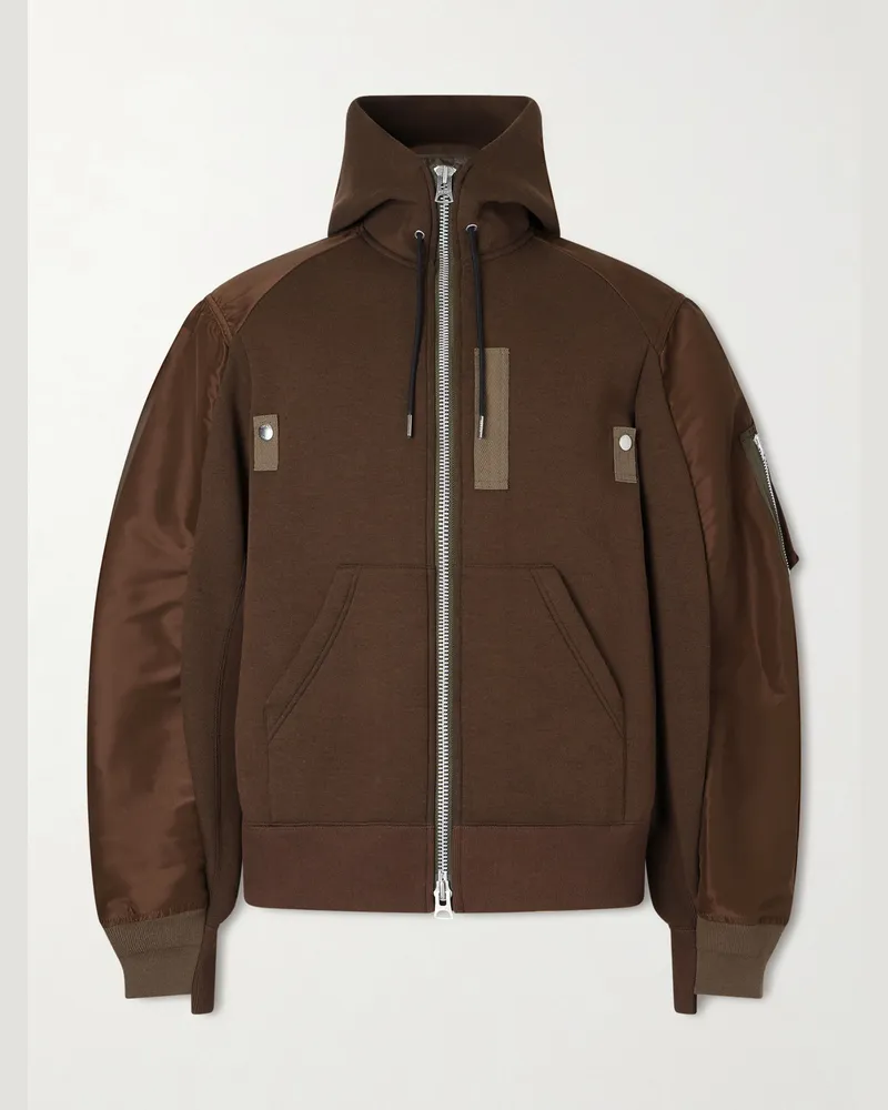 Sacai Shell-Trimmed Cotton-Blend Jersey Zip-Up Hoodie Brown